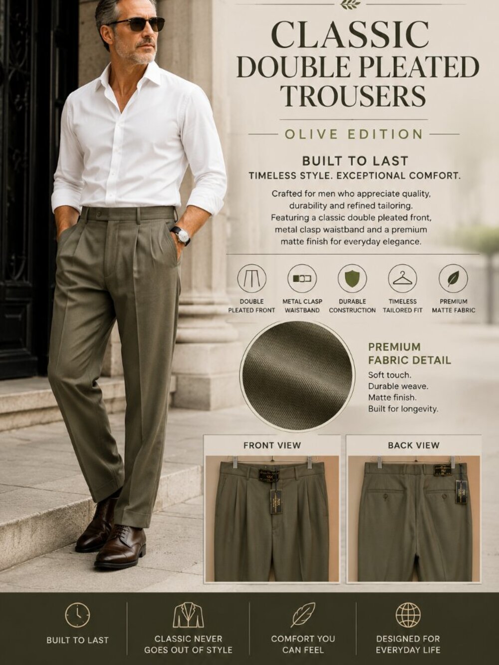 NWT- Natural Exchange-38/32 Mens pleated pants, Soft Cotton, Olive